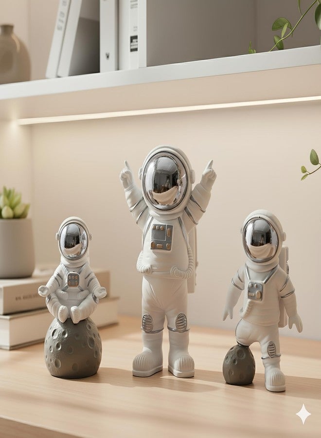 REWOP Astronaut Figurine Set of 3 - Cute Space Theme Desk Decor, Moon Surface Resin Statues for Home, Office, Car Dashboard, Gift for Kids & Space Lovers (Silver) - Image 1